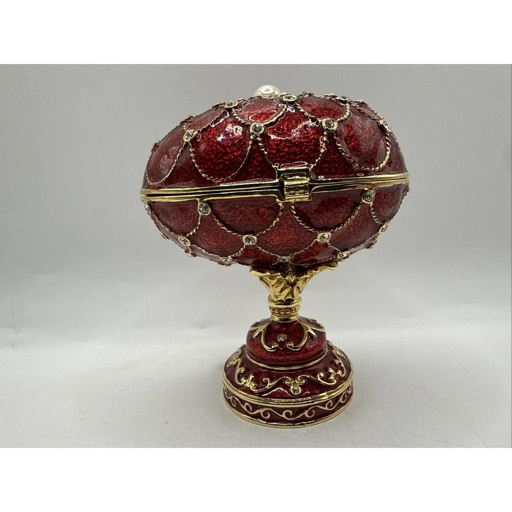 Jeweled Enameled Hinged Red Egg Trinket/Jewerly Box